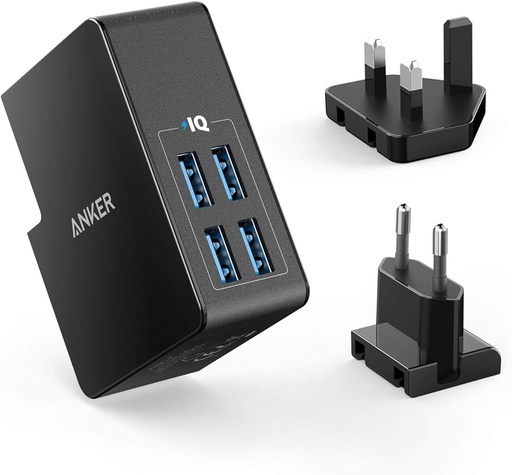 شاحن مع رأس قابله للتبديل و 4 مداخل يو اس بي ايه بقدرة 27 واط من انكر / anker interchangeaple 27 watt 4x usb A